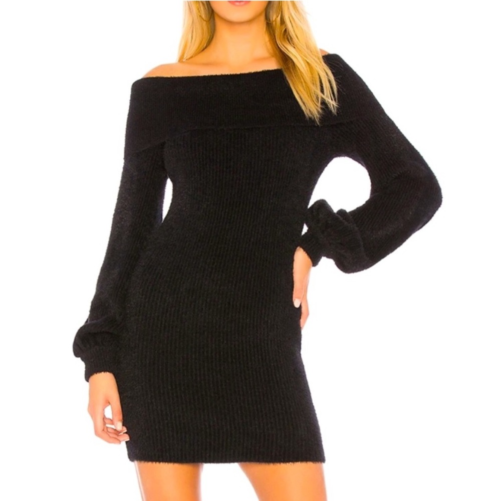 Tularosa Black Fuzzy Gramercy Long Sleeve Off Shoulder Sweater Mini Dress Medium